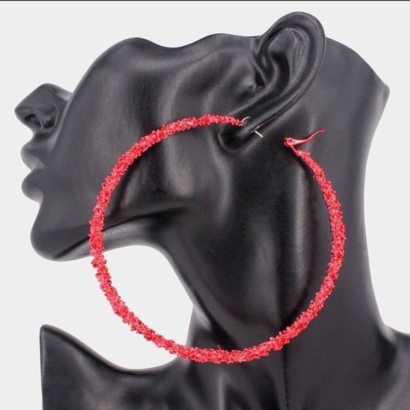 Red Oversized Textured Metal Hoop Statement Earrings - Picture 1 of 1